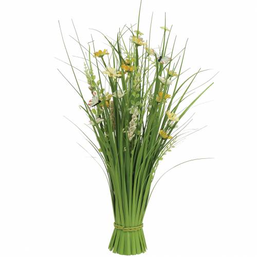 Floristik24 Ramo de hierba con flores y mariposas blanco/amarillo 70cm