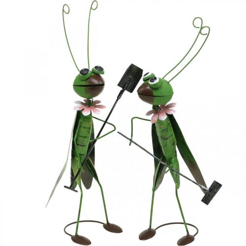Artículo Saltamontes Figurilla de jardín Decoración de metal Grillo con rastrillo y pala Al. 33 cm Juego de 2