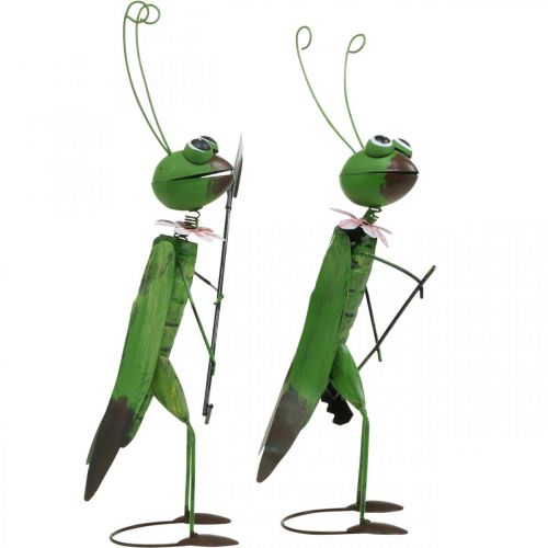 Artículo Saltamontes Figurilla de jardín Decoración de metal Grillo con rastrillo y pala Al. 33 cm Juego de 2