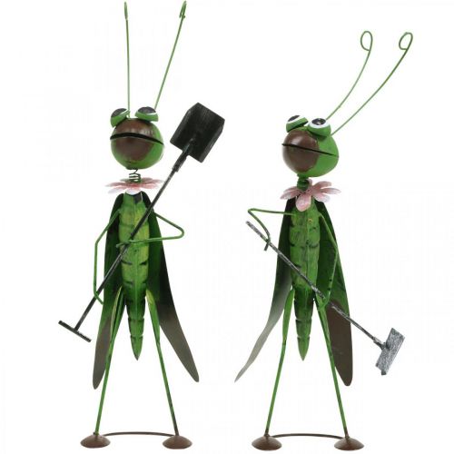 Artículo Saltamontes Figurilla de jardín Decoración de metal Grillo con rastrillo y pala Al. 33 cm Juego de 2