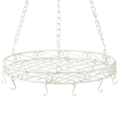 Artículo Bandeja metálica decorativa colgante con ganchos en blanco Ø29,5cm H55cm