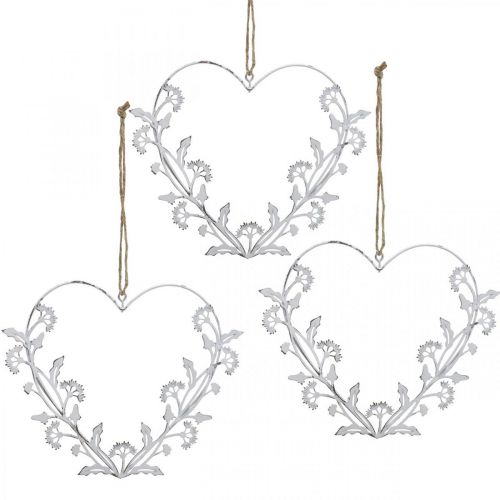 Floristik24 Corazón decorativo para colgar vintage diente de león metal blanco 17,5cm 3uds