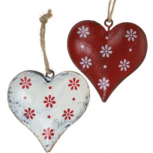 Corazón de metal para colgar, etiqueta de regalo, Día de San Valentín, aspecto vintage rojo, blanco Al. 6 cm 6 uds. | Floristik24.es