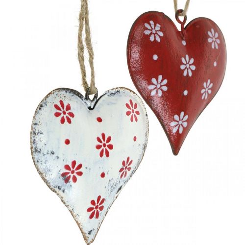 Corazón de metal para colgar, etiqueta de regalo, Día de San Valentín, aspecto vintage rojo, blanco Al. 6 cm 6 uds. | Floristik24.es