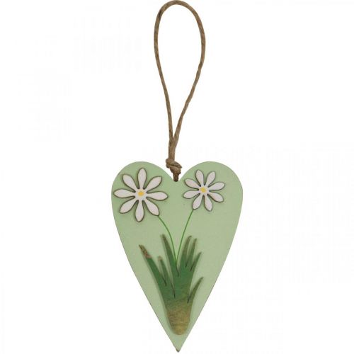 Artículo Corazones decorativos para colgar con flores madera verde, blanco 8,5×12cm 4 piezas