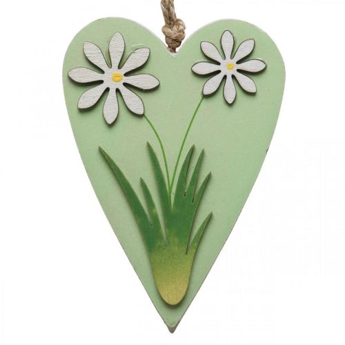 Artículo Corazones decorativos para colgar con flores madera verde, blanco 8,5×12cm 4uds