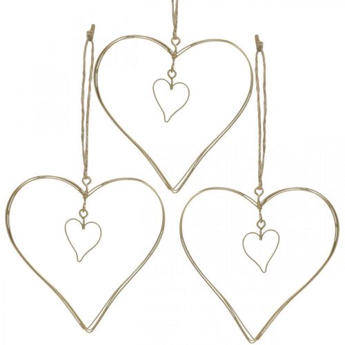 Artículo Corazón decorativo para colgar, decoración colgante corazón de metal dorado 10,5 cm 6 piezas