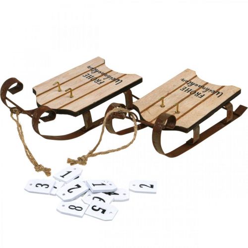 Artículo Calendario de madera trineo decorativo Adviento óxido L14,5cm 2 piezas