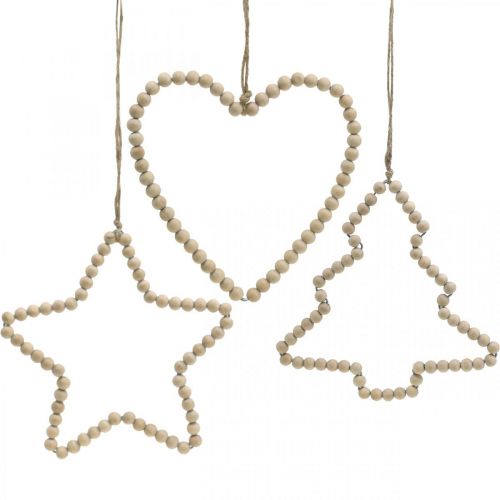 Percha decorativa Navidad cuentas de madera corazón estrella árbol H16cm 3pcs