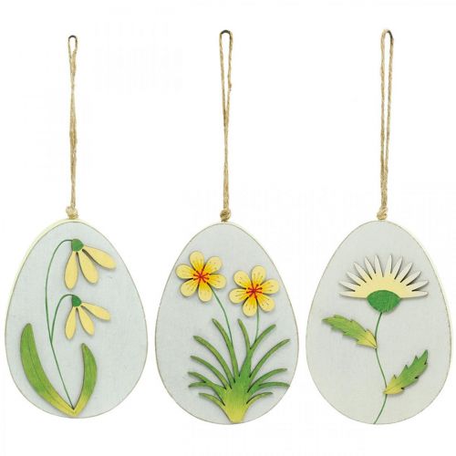 Artículo Huevos para colgar, huevos de Pascua de madera, motivo floral, diente de león campanilla invernal H14cm 3pcs