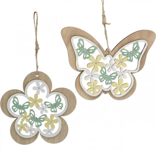 Artículo Mariposa para colgar, flor colgante de madera, decoración primaveral con purpurina Al.11/14,5cm 4uds