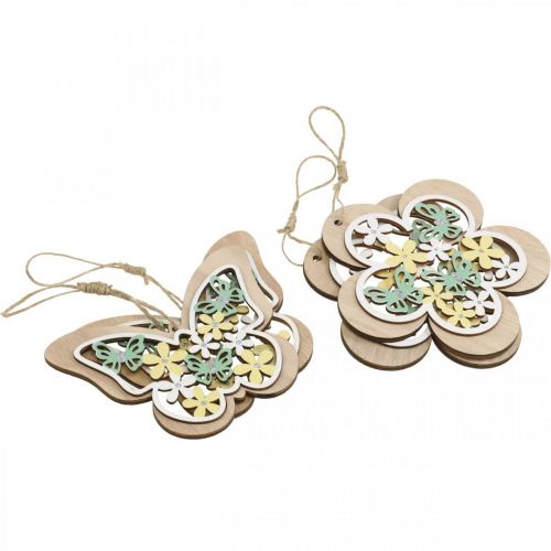 Artículo Mariposa para colgar, flor colgante de madera, decoración primaveral con purpurina Al.11/14,5cm 4uds