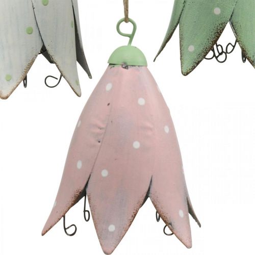 Floristik24 Flores de metal, campanillas para colgar, decoración de primavera, colgante de metal H10.5cm blanco, rosa, verde juego de 3