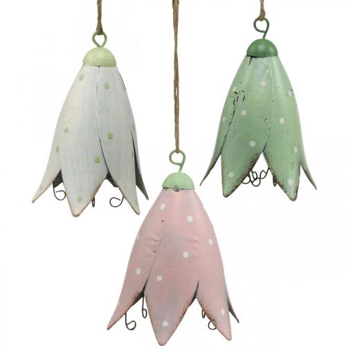 Floristik24 Flores de metal, campanillas para colgar, decoración de primavera, colgante de metal H10.5cm blanco, rosa, verde juego de 3