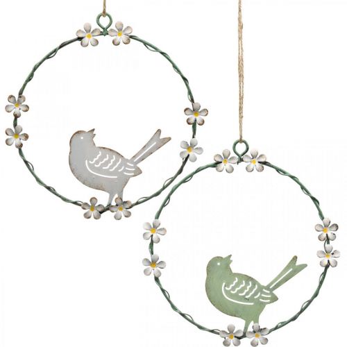 Floristik24 Corona con pájaro, decoración de metal para colgar, blanco primavera / verde Ø14,5cm juego de 2