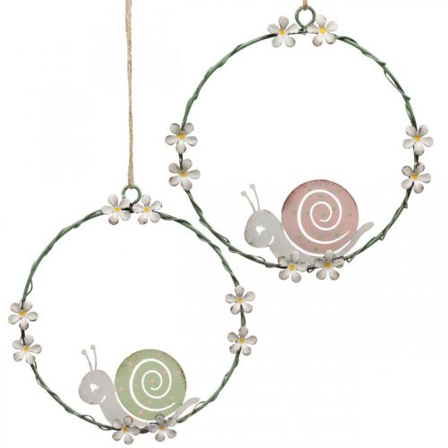Artículo Anillo decorativo con caracol, decoración de primavera, decoración de metal verde / rosa Ø14,5cm juego de 2
