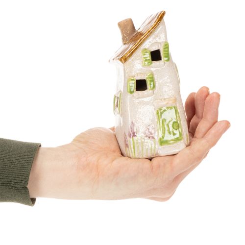 Artículo Casa de cerámica rústica con LED brillante, ideal como decoración de mesa atmosférica, 15 cm, 2 piezas