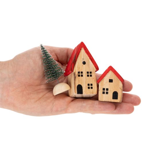 Conjunto de casitas decorativas de madera con tejados rojos y abetos, 12 cm, 6 piezas | Floristik24.es