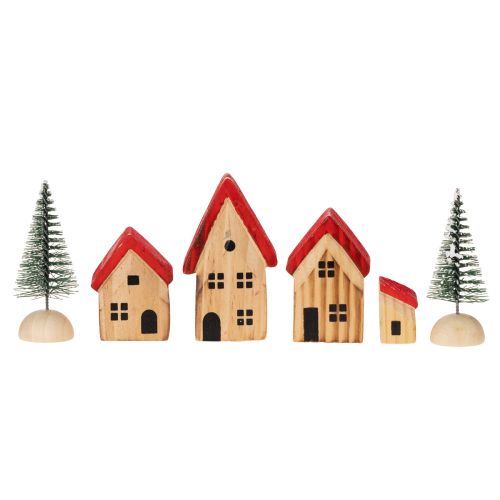 Conjunto de casitas decorativas de madera con tejados rojos y abetos, 12 cm, 6 piezas | Floristik24.es