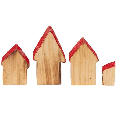 Conjunto de casitas decorativas de madera con tejados rojos y abetos, 12 cm, 6 piezas | Floristik24.es