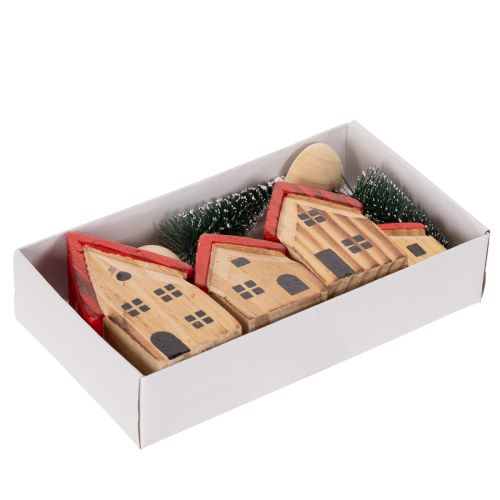 Conjunto de casitas decorativas de madera con tejados rojos y abetos, 12 cm, 6 piezas | Floristik24.es