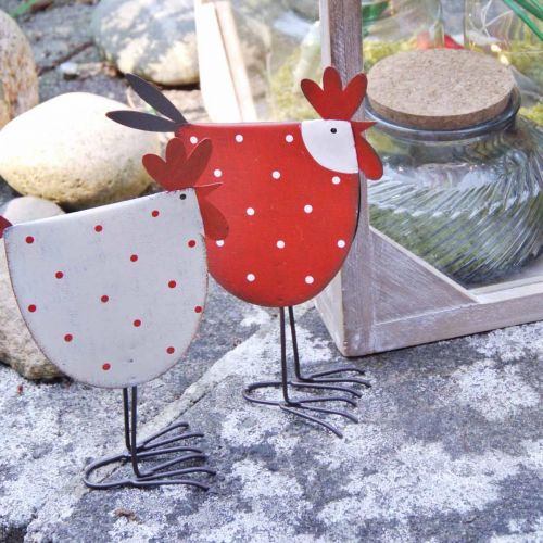 Floristik24 Gallo decorativo Metal Rojo, Blanco Pascua Decoración H18.5cm Surtido 2pcs