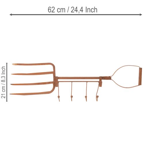 Barra de ganchos de metal oxidado, horquilla decorativa para heno, decoración de jardín, 4 ganchos, 62 cm | Floristik24.es