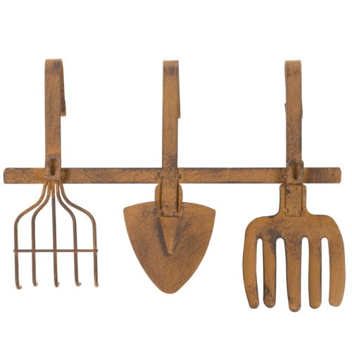 Perchero con ganchos para herramientas de jardín, adornos de jardín, rastrillo, pala y azada; perchero de metal oxidado, 33,5 cm de largo. | Floristik24.es