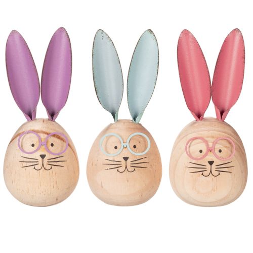 Artículo Figuras decorativas de conejo de madera con caras para acentos lúdicos en mesas y estanterías, 14 cm, 3 piezas