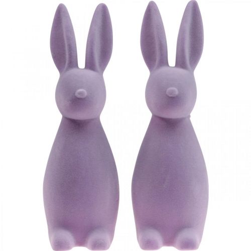 Artículo Conejito de Pascua decorativo (2.ª opción), color lila flocado, 29,5 cm de alto, 2 unidades