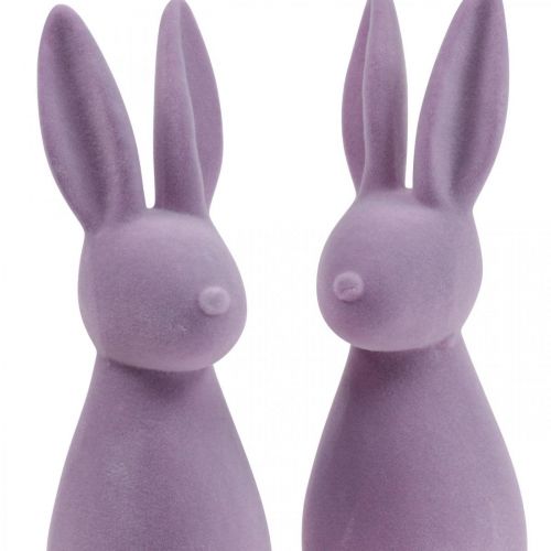 Artículo Conejito de Pascua decorativo (2.ª opción), color lila flocado, 29,5 cm de alto, 2 unidades