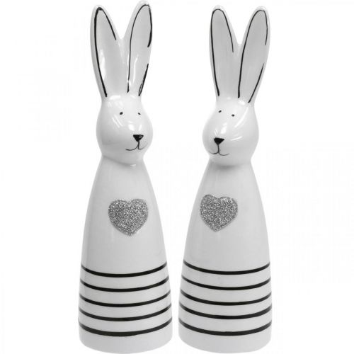 Conejo de cerámica blanco y negro, decoración de conejo de pascua pareja de conejos con corazón H20.5cm 2pcs