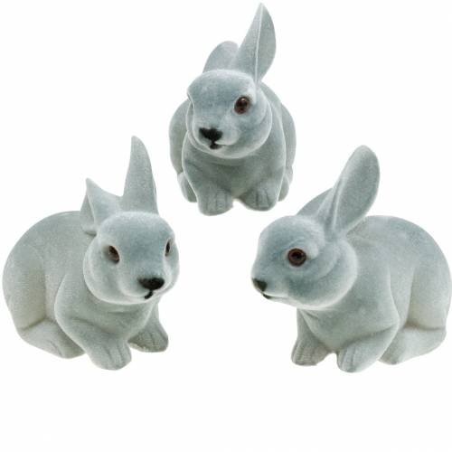 Floristik24 Figura decorativa conejo gris, decoración primaveral, conejito de pascua sentado flocado 3pcs