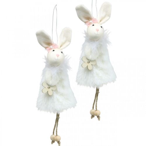 Floristik24 Conejito para colgar, decoración de Pascua, colgante de primavera, conejito de Pascua con flor blanco, natural H21cm 6pcs