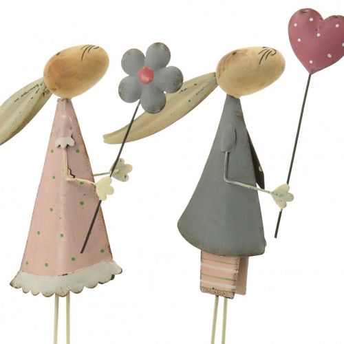 Floristik24 Decoración primaveral, conejos de metal, Pascua, pareja de conejos, San Valentín rosa, azul 29,5/31,5cm juego de 2