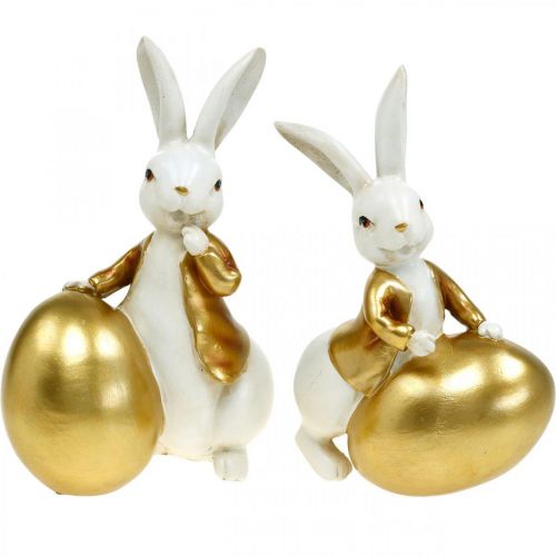 Floristik24 Conejito de Pascua blanco-dorado, decoración de Pascua, conejito decorativo con huevo Al. 16/18 cm juego de 2