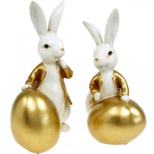 Floristik24 Conejito de Pascua blanco-dorado, decoración de Pascua, conejito decorativo con huevo Al. 16/18 cm juego de 2