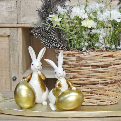 Floristik24 Conejito de Pascua blanco-dorado, decoración de Pascua, conejito decorativo con huevo Al. 16/18 cm juego de 2