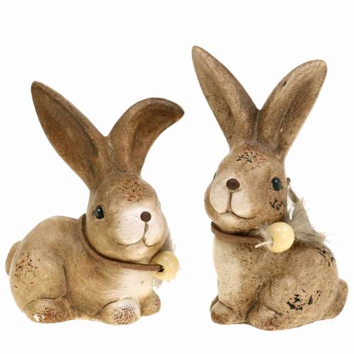 Figuras decorativas conejos con pluma y madera perla marrón surtidos 7cm x 4.9cm H 10cm 2pcs