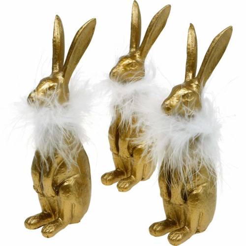 Floristik24 Conejos verticales, decoración de Pascua dorada, primavera, conejitos de Pascua con plumas 3 piezas