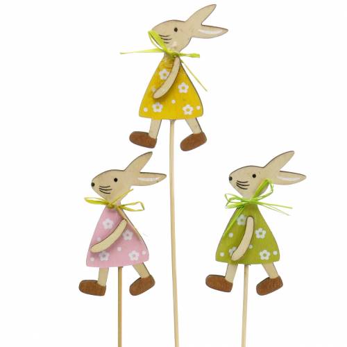 Conejo de madera en un palo verde, amarillo, rosa 8cm 12 piezas