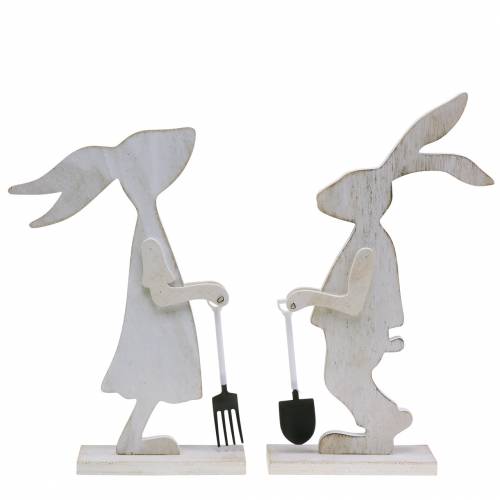 Conejo con herramientas de jardín madera blanca Al. 28/30,5 cm juego de 2