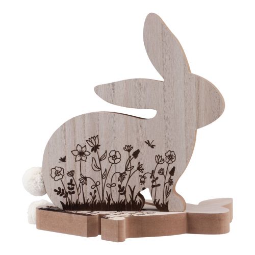 Artículo Conejito de madera sentado estampado de flores blanco natural 24×24cm 2 piezas