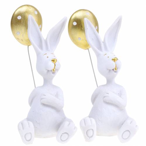 Floristik24 Conejito con globo sentado blanco, dorado H13.5cm 2pcs
