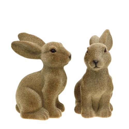 Decoración de Pascua conejito sentado flocado marrón Al. 19 cm 2 piezas