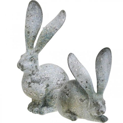 Artículo Conejo decorativo, figura de jardín con aspecto de cemento, shabby chic, decoración de Pascua con detalles plateados Al. 21/14 cm Juego de 2