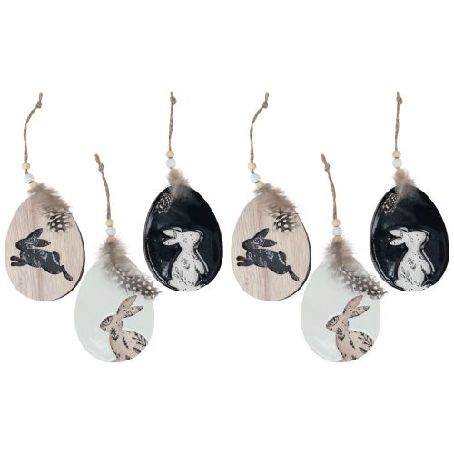 Artículo Conejito en huevo huevos de Pascua de madera para colgar blanco negro 10cm 6 piezas