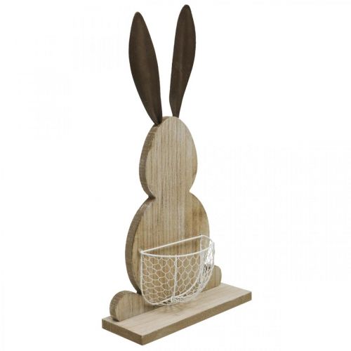 Conejito de madera con cesta, decoración primaveral, Conejo de Pascua con cesta de plantas natural, blanco Al. 48 cm