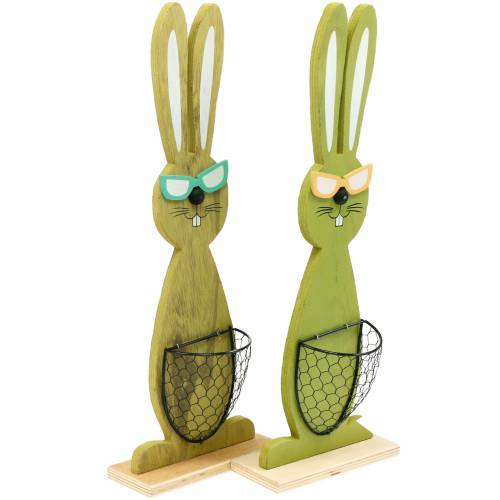 Floristik24 Conejitos de Pascua con canasta verde, primavera, canasta de plantación decorativa, decoración de Pascua conejito de madera 2 piezas