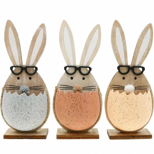 Artículo Conejo de madera en un huevo, decoración de primavera, conejos con gafas, conejitos de Pascua 3 piezas